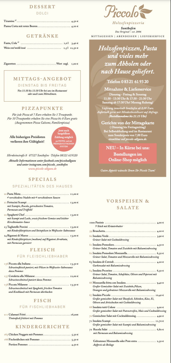 Speisekarte Piccolo Sonthofen